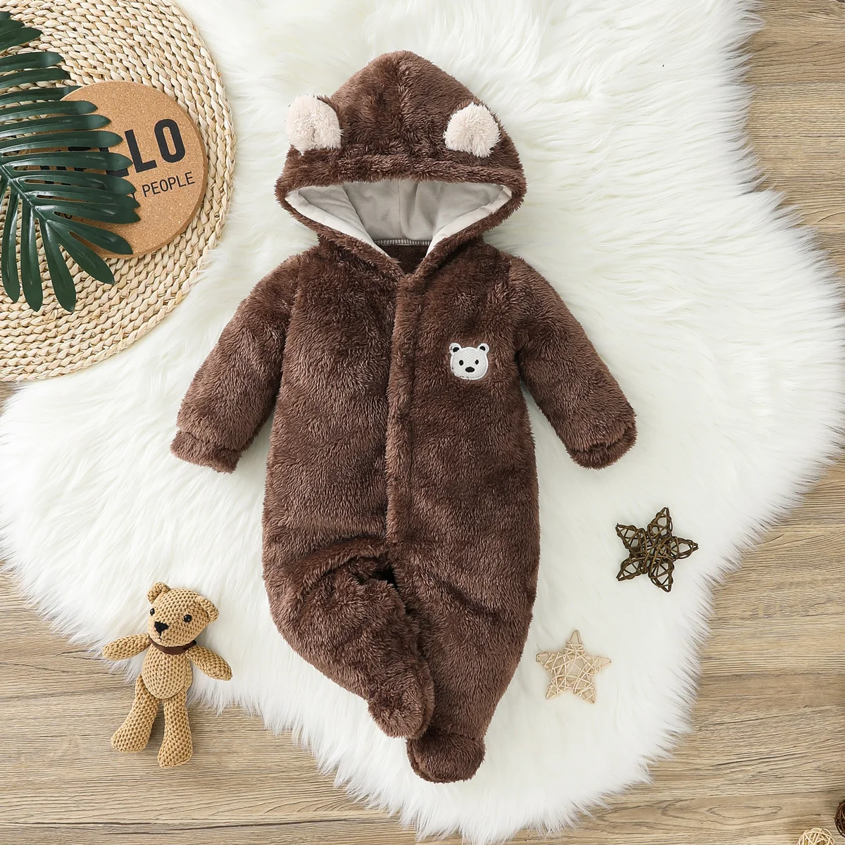 Baby Boy Bear Pattern Hooded Fluffy Fleece Jumpsuit