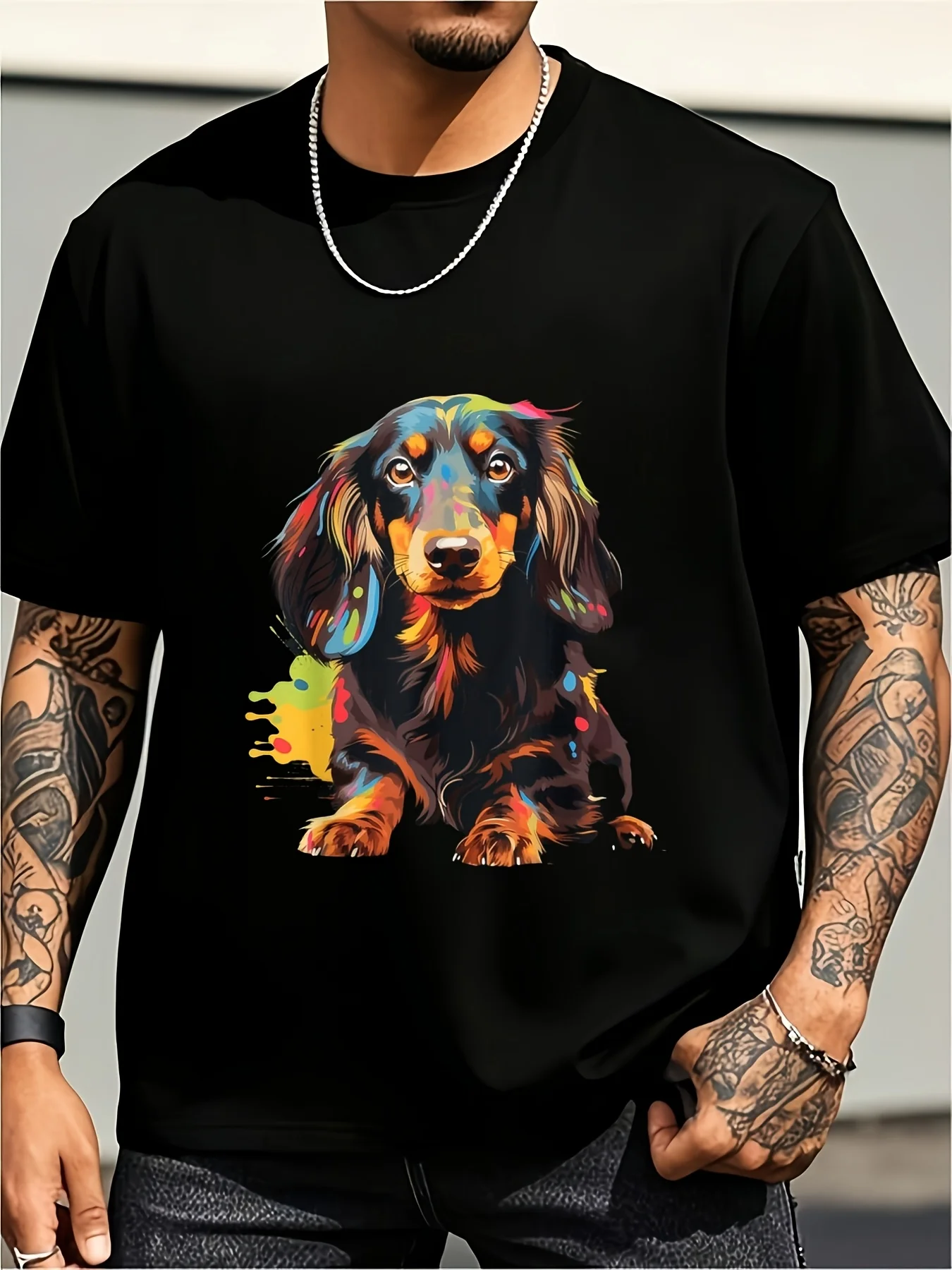 Unisex Dachshund Puppy Print Crew Neck Casual T-Shirt, Machine Washable, Suitable for All Seasons, Sizes S to Xxxl, Ideal Gift for Dog Lovers, Suitable for Everyday Wear and Pet Dog Enthusiasts, Plus Size Retro Casual Crew Neck Print T-Shirt, Unisex, Plus Size