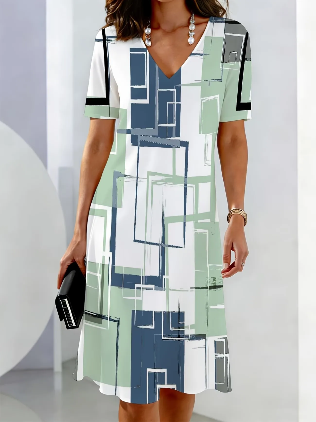 Women's Summer V-Neck Short Sleeve Casual Dress 3D Plaid Polka Dot Print A-line Dress Vestidos