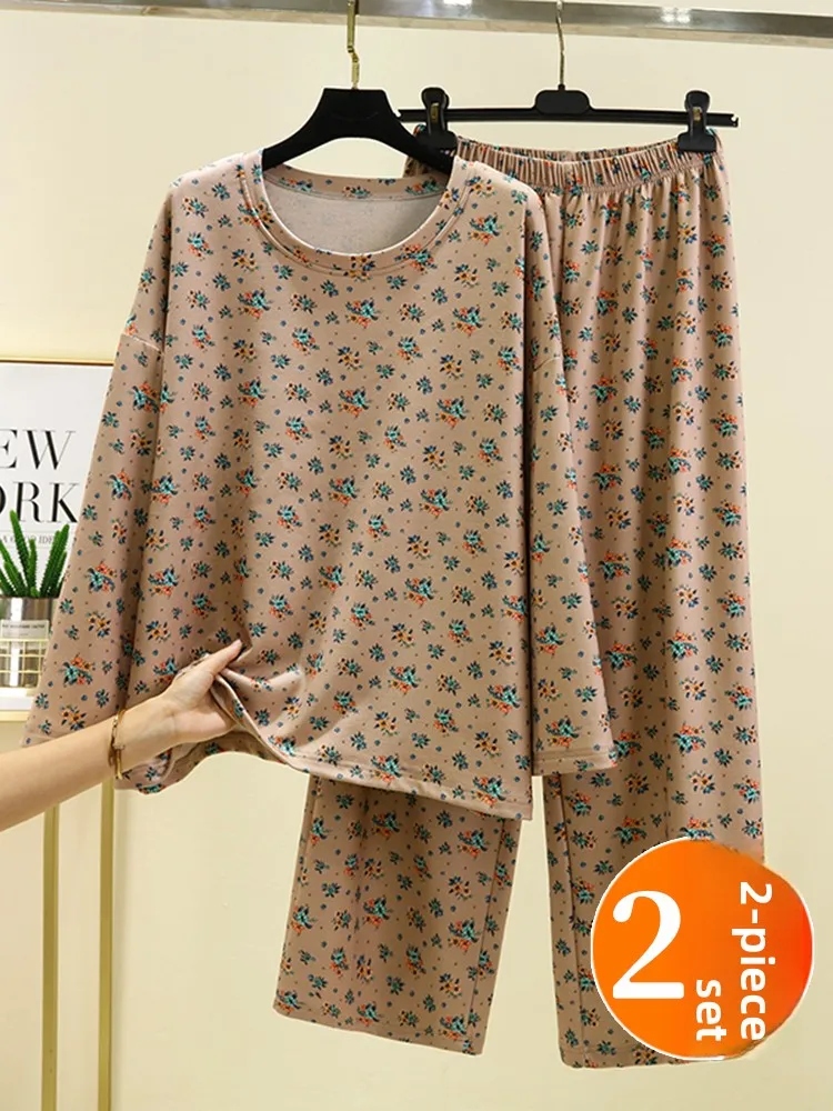 Women's Long Sleeve Fleece Pajamas Set Warm Home Clothes Sleepwear Pants Can Be Worn outside Autumn Winter Thermal Matching O...