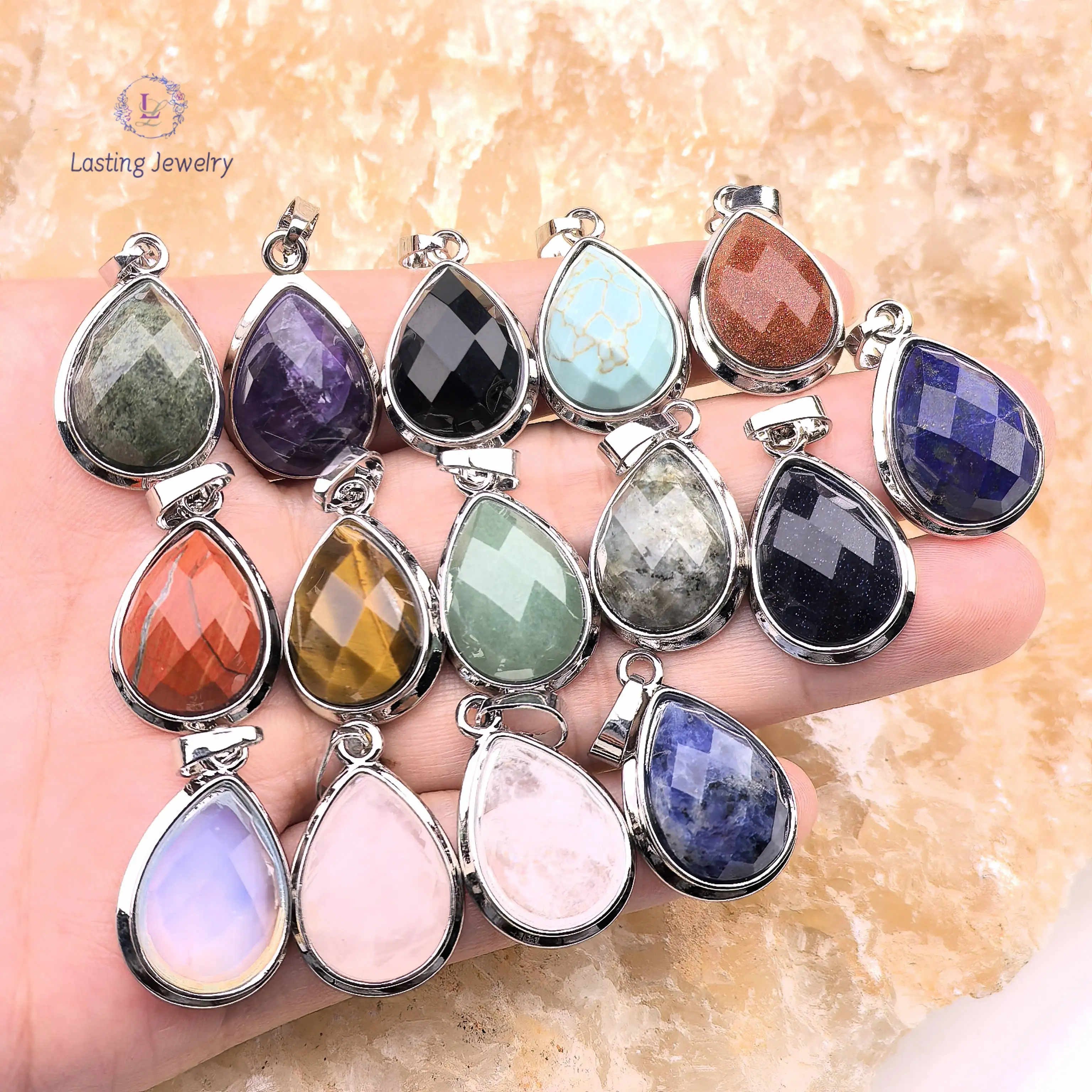 

Healing Crystal Teardrop Pendants,Faceted Gemstone Drop Cabochon Sodalite Rose Quartz Labradorite Charms Necklace Jewelry Making