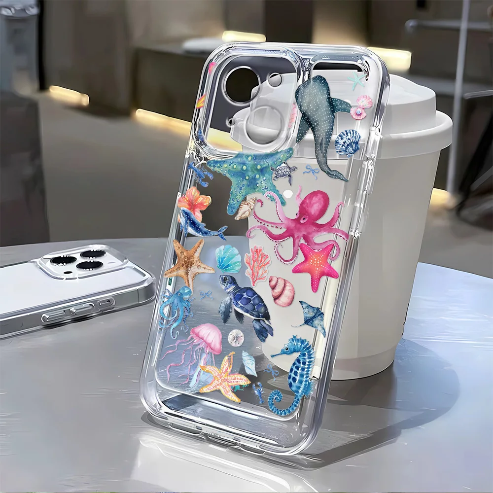 오션 쉘 거북이 인쇄 iPhone 16E 16 14 15 11 12 13 Pro Max 7 8 Plus SE 2022 XR XS MAX 충격 방지 커버 용 소프트 케이스 지우기
