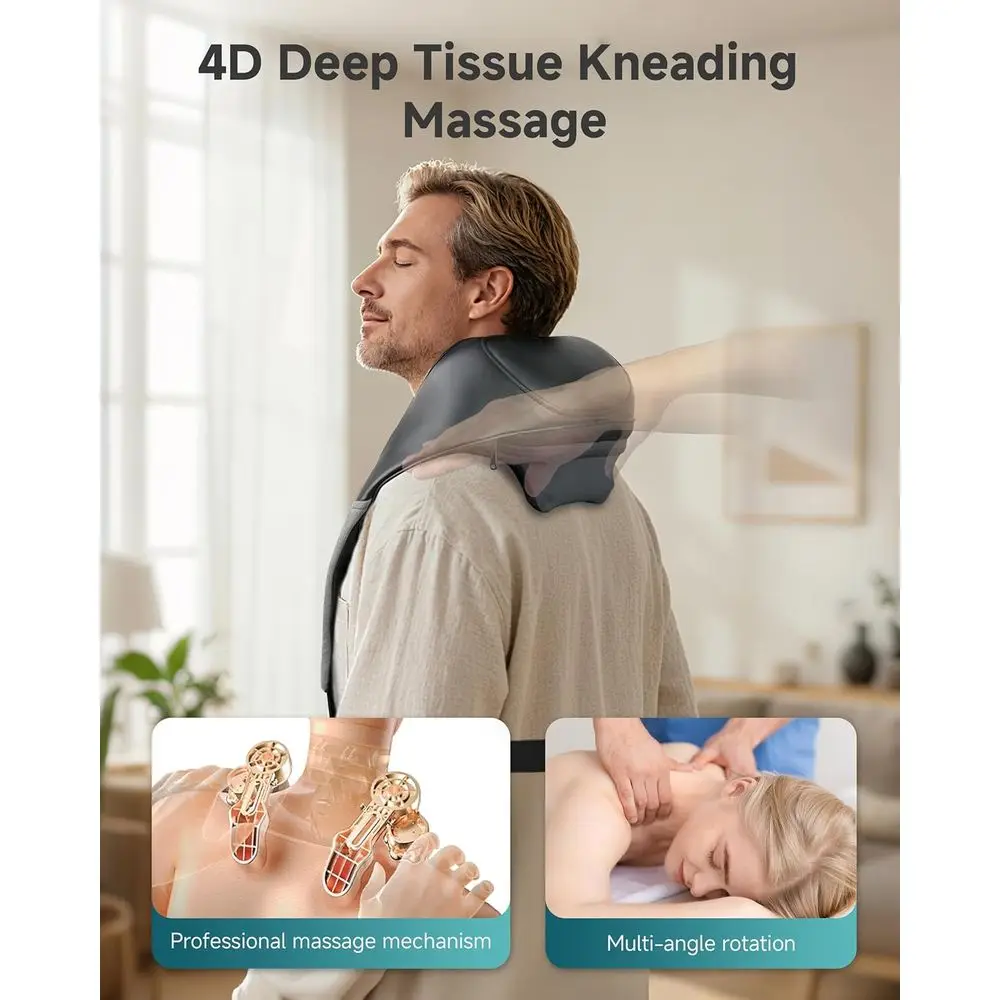 جهاز تدليك شياتسو لاسلكي للرقبة والأكتاف مع تخفيف الأنسجة العميقة والحرارة وبكرات 4D - هدية مثالية للآباء