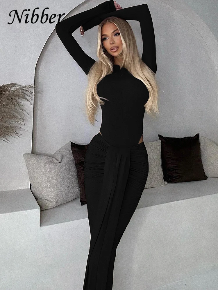Nibber Casual elegancki damski 2-częściowy zestaw solidne body z dekoltem w kształcie litery "o" z pełnym rękawem + plisy frędzle obcisłe spódnice pasujące garnitury hipsterskie — zdjęcie 3
