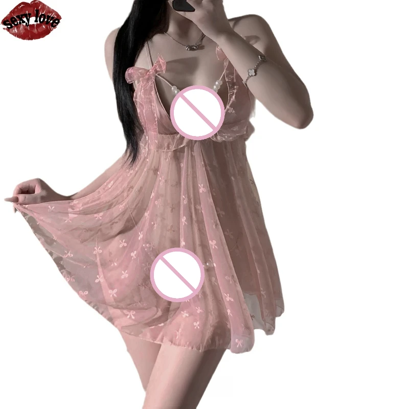 Camisón erótico de gasa blanca con decoración de perlas para mujer, camisón con tirantes finos de encaje, lencería Sexy de encaje, conjunto de camisón