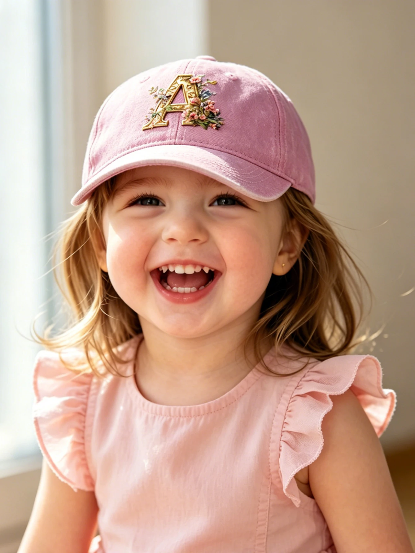 1pc pink baby hat  Adjustable Youngsters' Baseball Cap with A-Z letter  Gorgeous Golden Flower - Breathable Sun Hat for Boys and view 2