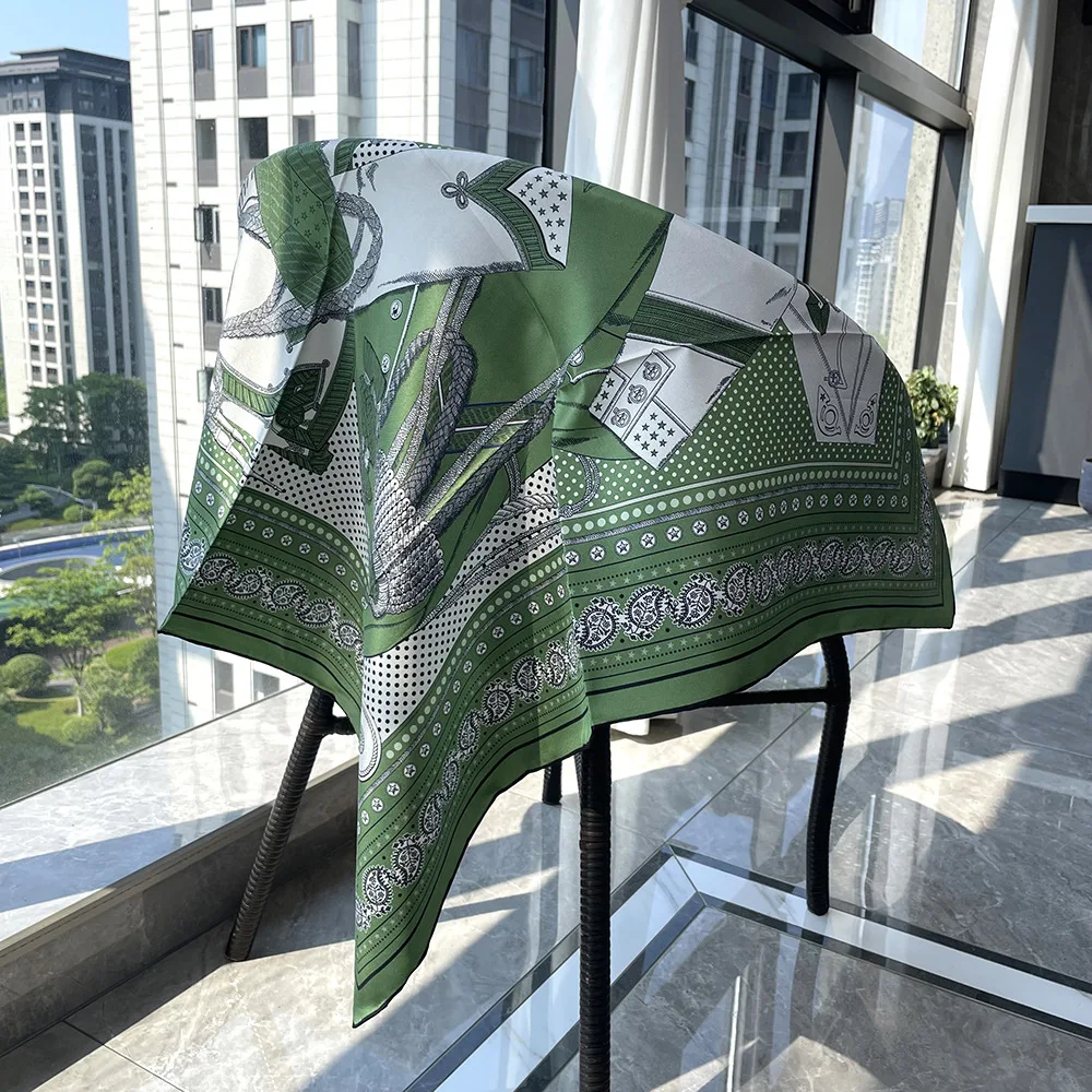 Green Silk Square Scarf for Bag Luxury Brand Handrolled Edge Shawls Bandanas Hijab Scarves for Ladies Foulard Christmas Gift