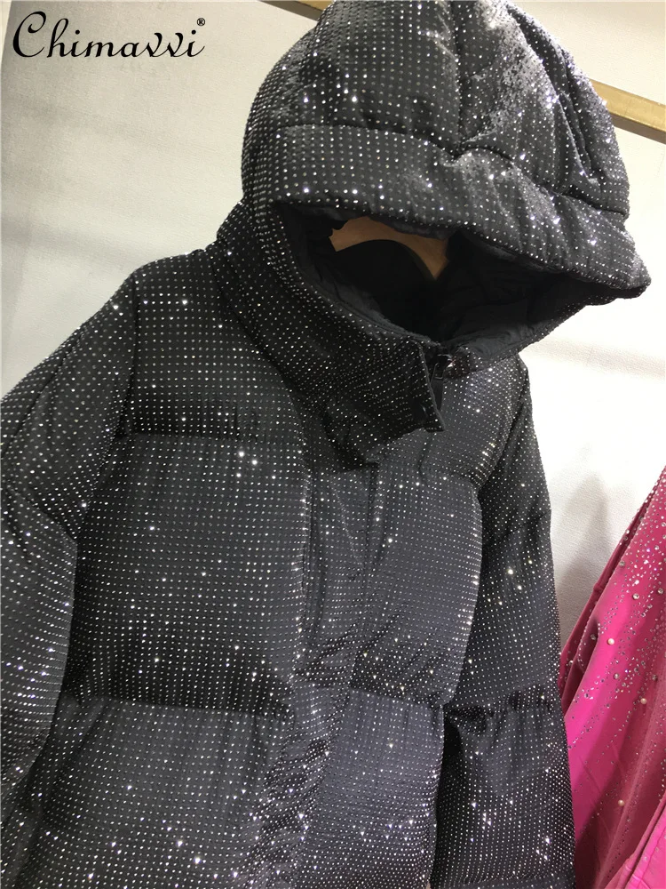Heavy Thickened Quilted Jacket Full Diamond Hooded Coat Warm Jacket Winter New Fashion Long Sleeve Elegant Mid-length Black Coat