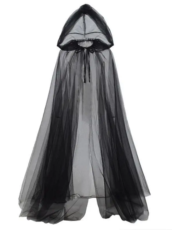 

Halloween White Mesh Shawl with Hood Unisex Witch Cloak Dark Style Belted Women's Cosplay Costume Element Fashionable Trendy