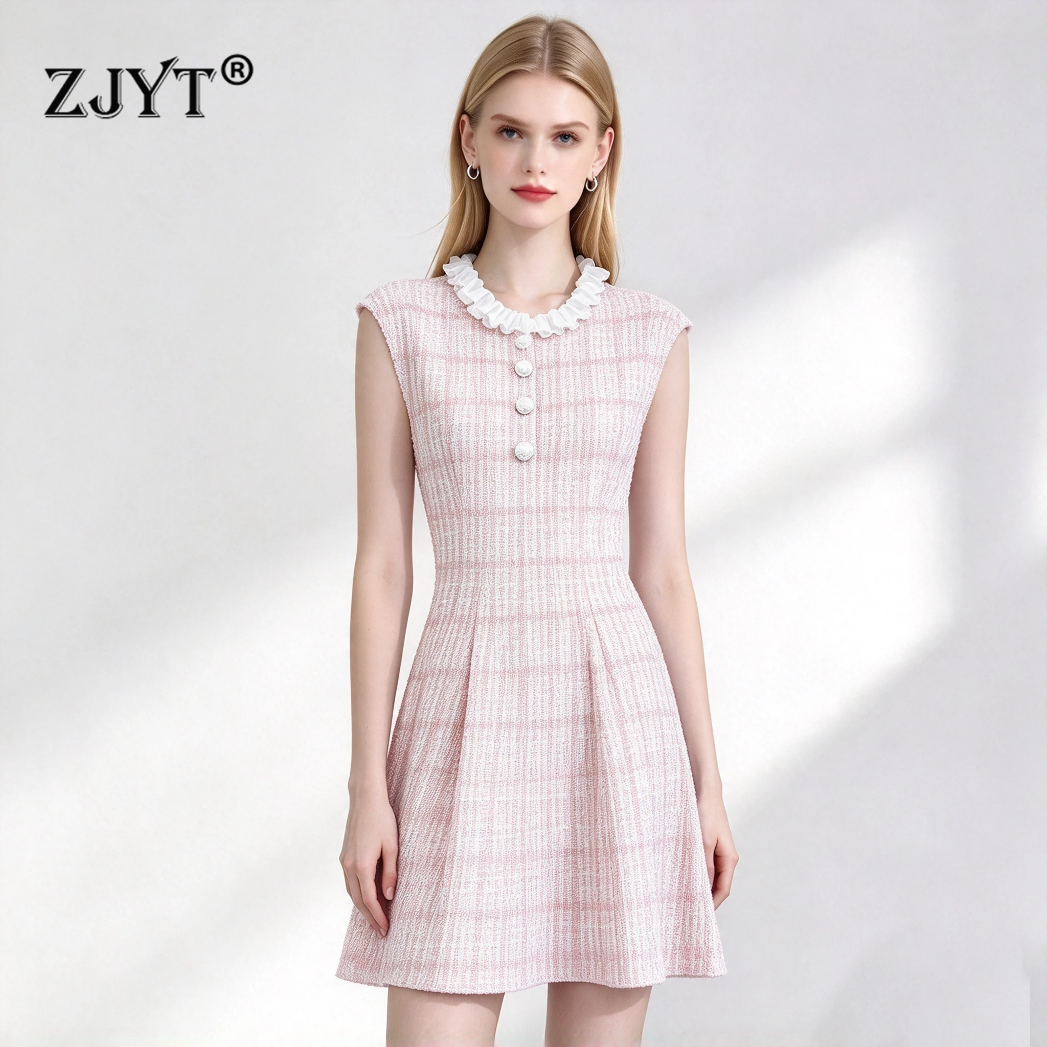 ZJYT Fashion Women Plaid Kntted Mini Dress Beading Appliques Short Sleeve Sweet Casual Party Dresses Female Vestidos Blue Pink