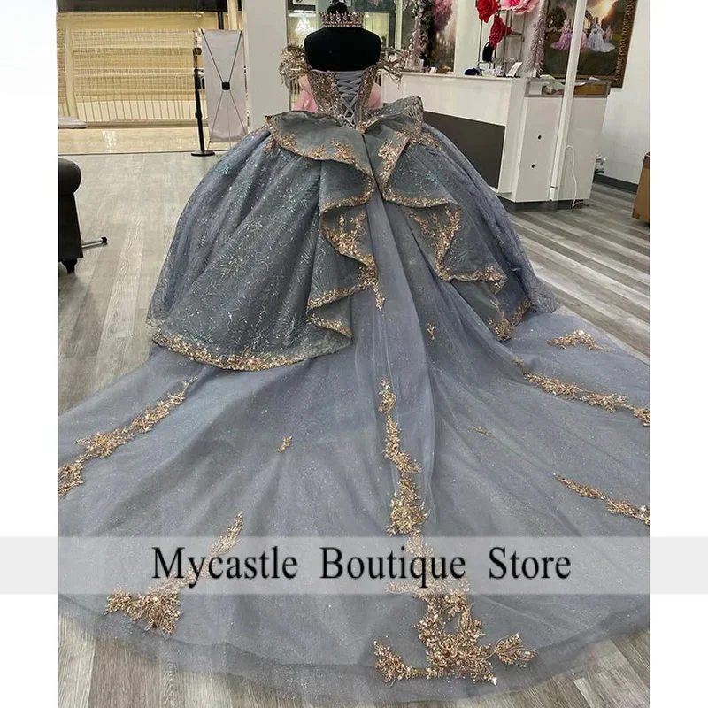 Sparkly Gray Princess Quinceanera Dresses Off Shoulder Ball Gown Glitter Appliques Lace Crystals Beads Tull Sweet 15th Dress