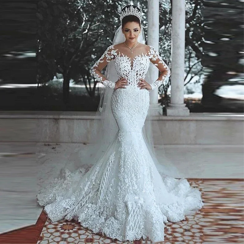 Muslim Shiny Lace Bridal Gowns Mermaid Luxury Women's Fashion Illusion Decal Long Sleeve Wedding Dress 2024 Vestidos De Mujer