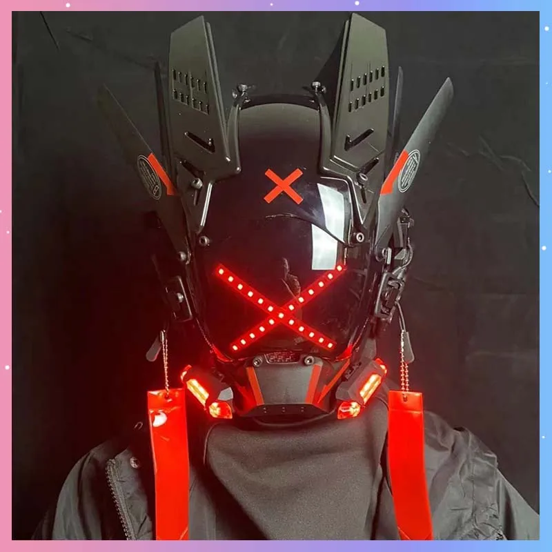 

Маска в стиле киберпанк со светодиодной подсветкой, костюм для косплея, маска самурая, шлем спецназа, крутая маска для Хэллоуина, реквизит для вечеринок и баров