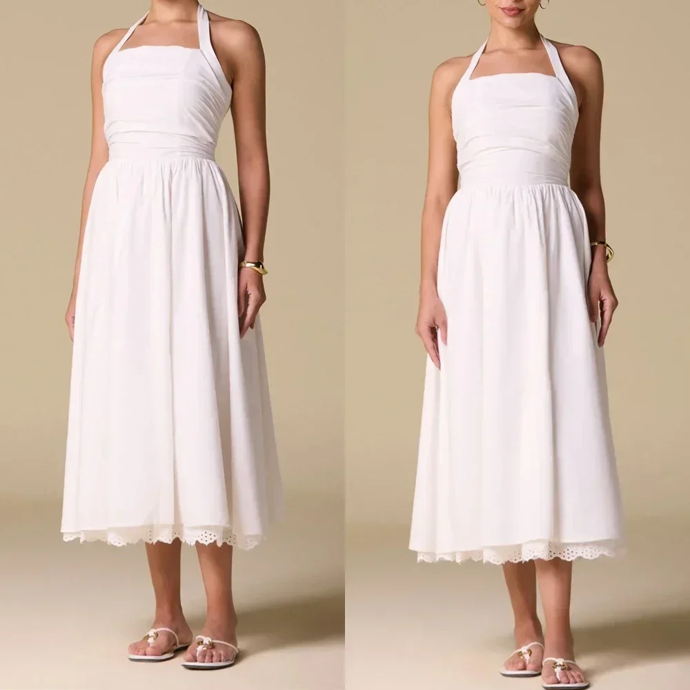화이트 레이스 트림 홀터 미디 드레스 A라인 이브닝 드레스 포멀 모던 정교한 고품질 프로모션 파티 가운 여성 맞춤형