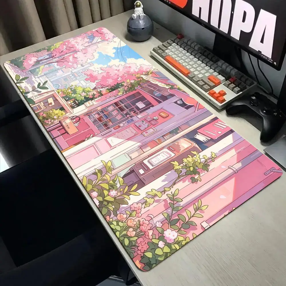 Japanese-style pink street scene Mouse Pad Desk Mat with Stitched Edge Mousepads Rubber Anti-slip Gamer Keyboard Rug Gaming Mats