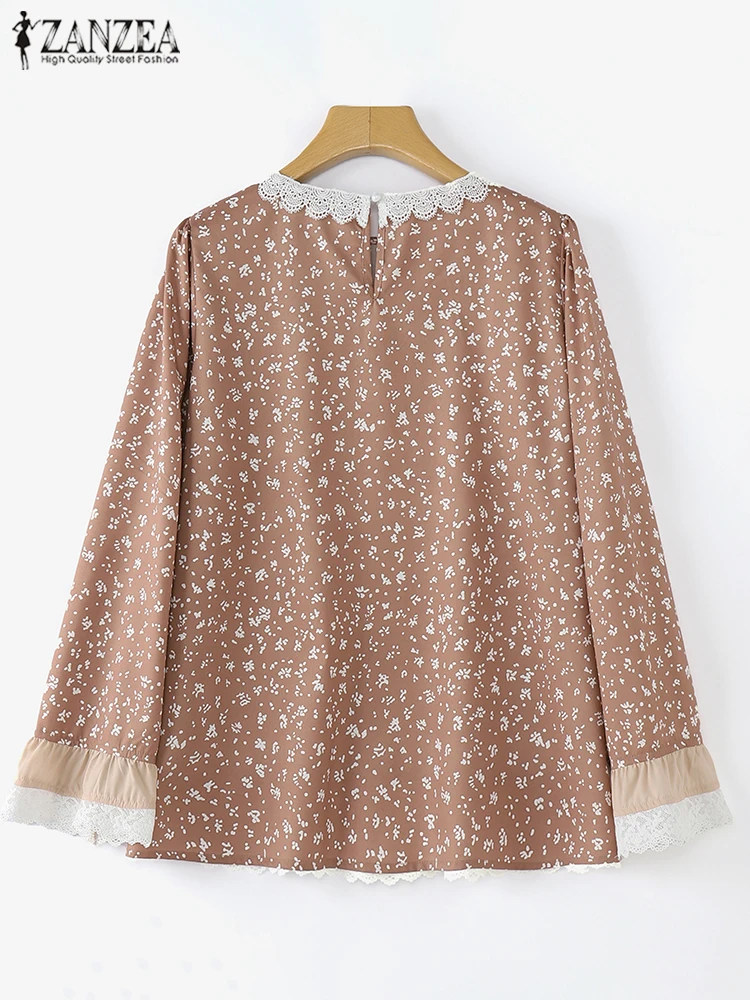 Bohemian Printed Colorblock Tops ZANZEA Women Lace Stitching Blouse Korean Sweety O-neck Blusas Holiday Autumn 2024 Loose Tunics