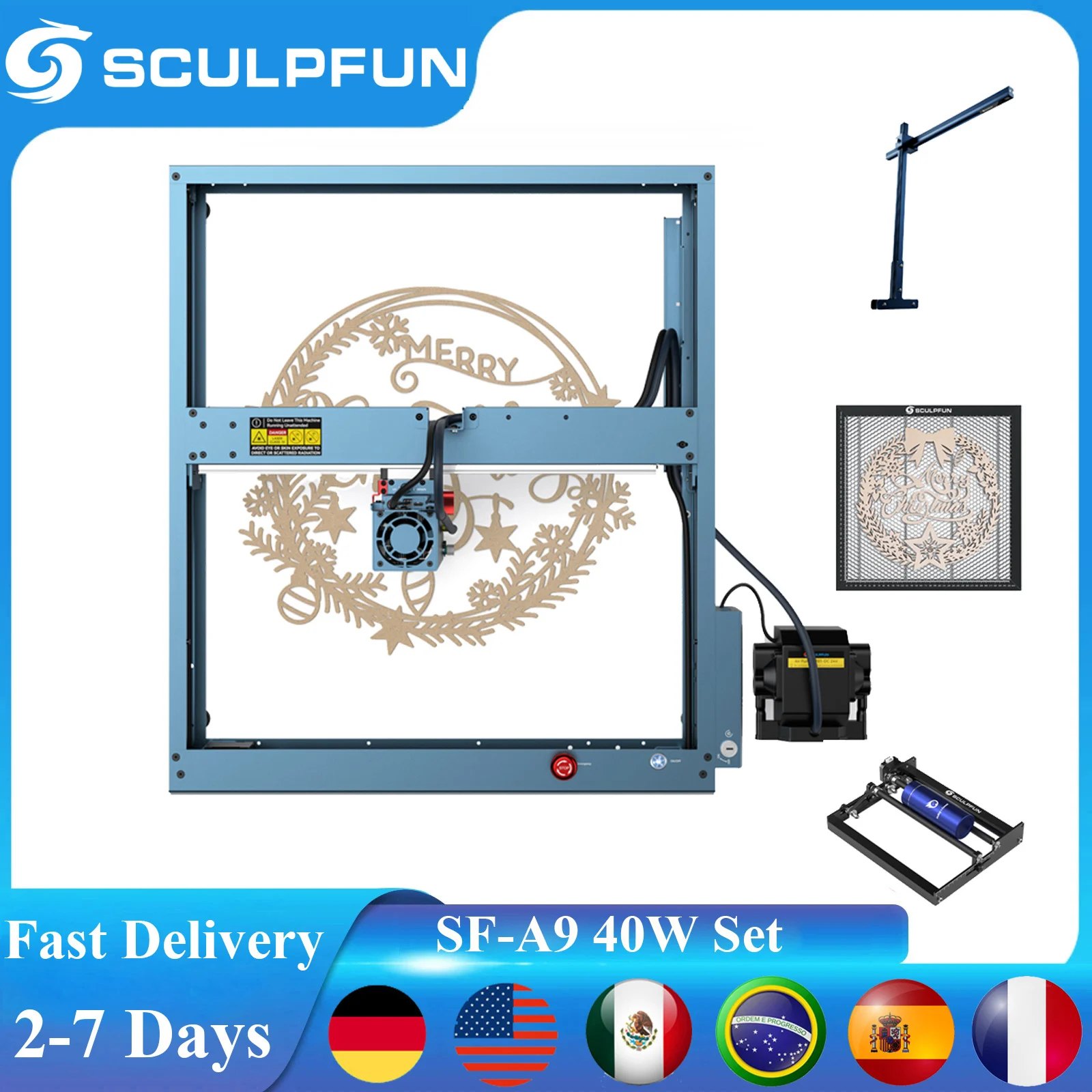 

SCULPFUN SF-A9 40 Вт Набор лазерных гравировальных станков Лазерный резак с ЧПУ Гравер Точное позиционирование Функция сигнализации температуры пламени