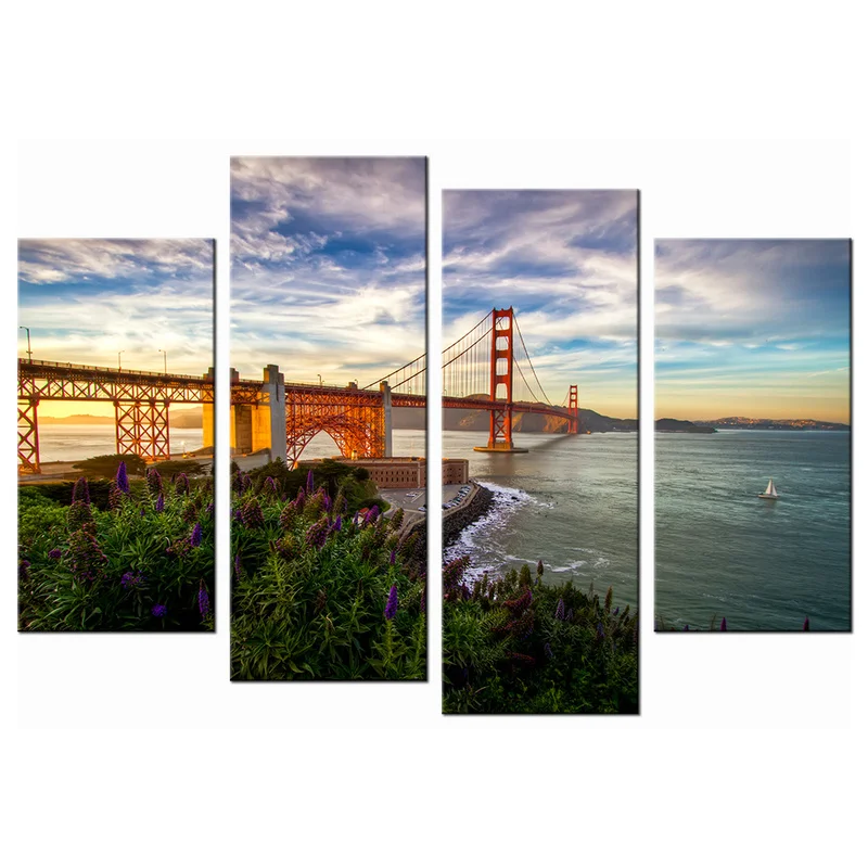 

4 Pieces Golden Gate Bridge Poster Home Decor Bridge Landscape Print Canvas Art Modern Style Pictures Living Room Wall Art