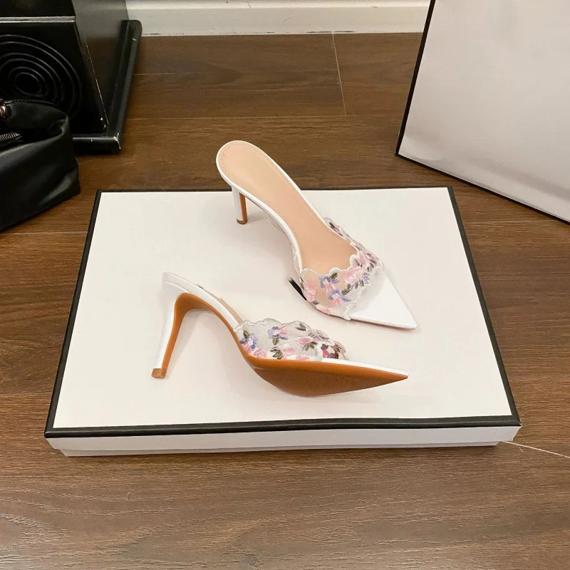 Women's Floral Embroidery Lace Thin Heel Slide Mules Pointed Toe Romantic Feminine Female Sandals Lady Date Night Party Shoes