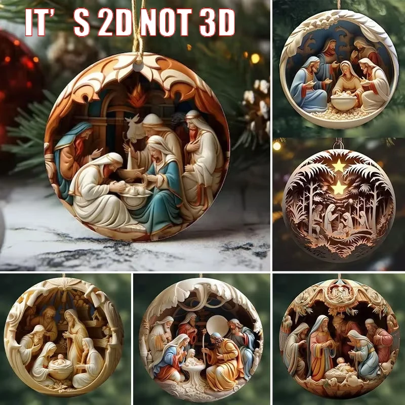 Nativity Christmas Pendants Acrylic Flat Painted Hanging Decoration Ornament Xmas Tree Figure for Home Decor Party Supplies