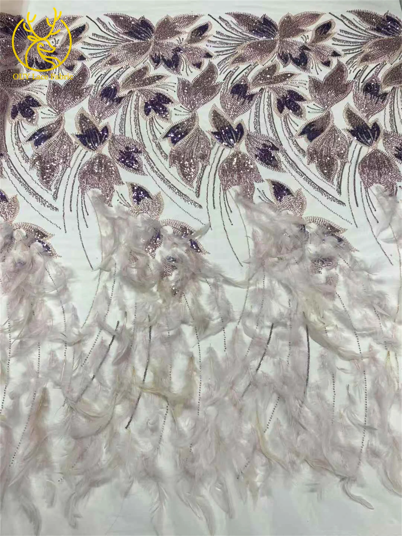 Luxury Handmade Feather 3D Feather Embroidery French Sequin Lace African Nigerian Bridal Lace Fabric Evening Dress Wedding