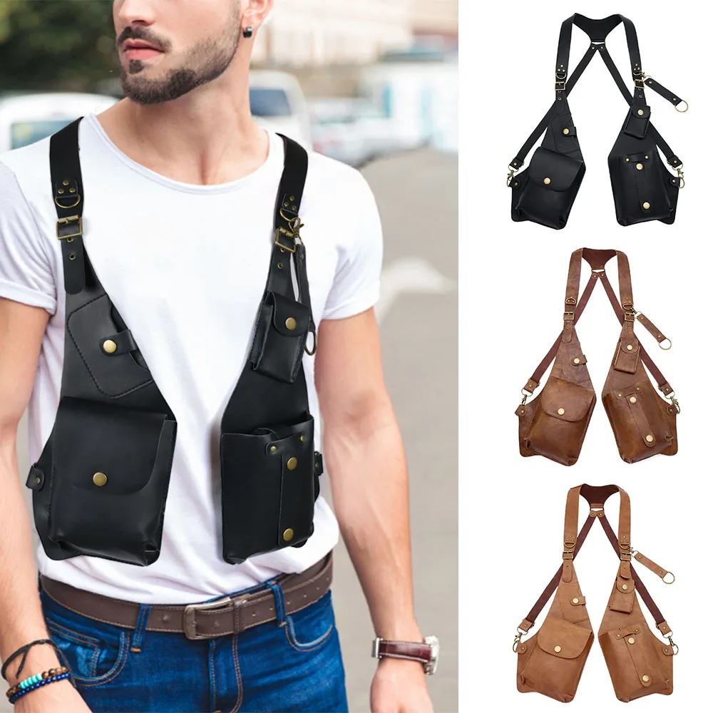 Middle Ages Vintage Style Leather Double Shoulder Strap Multi-Pocket Men Outdoor Chest Bag Waterproof Phone Storage Hunting Bag