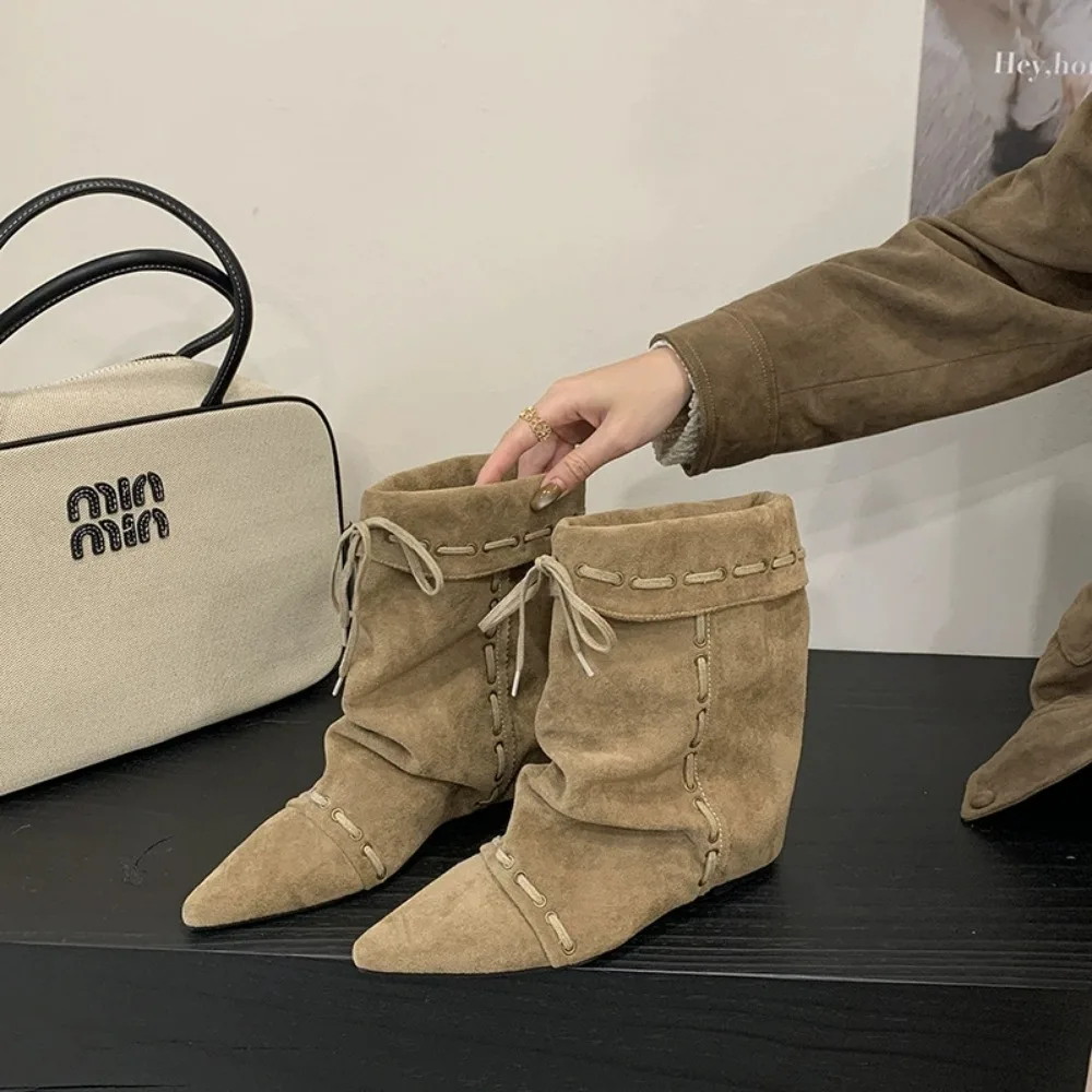 

Осенне-зимние винтажные женские ботильоны на танкетке, осенне-зимняя обувь в стиле панк с острым носком на шнуровке, Botas De Mujer