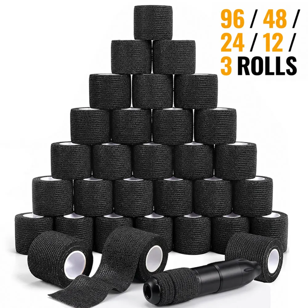 96/3pcs Black Tattoo Grip Bandage Cover 5cm Self-Adhesive Elastic Tape Wrap for Machine Pen Non-slip Tattoo Bandage Accessories