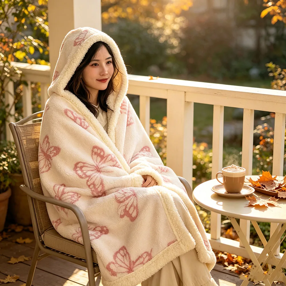 Butterfly Print Sherpa Hooded Blanket – Built-in Glove Wearable Cape for Women, Office Sofa Nap