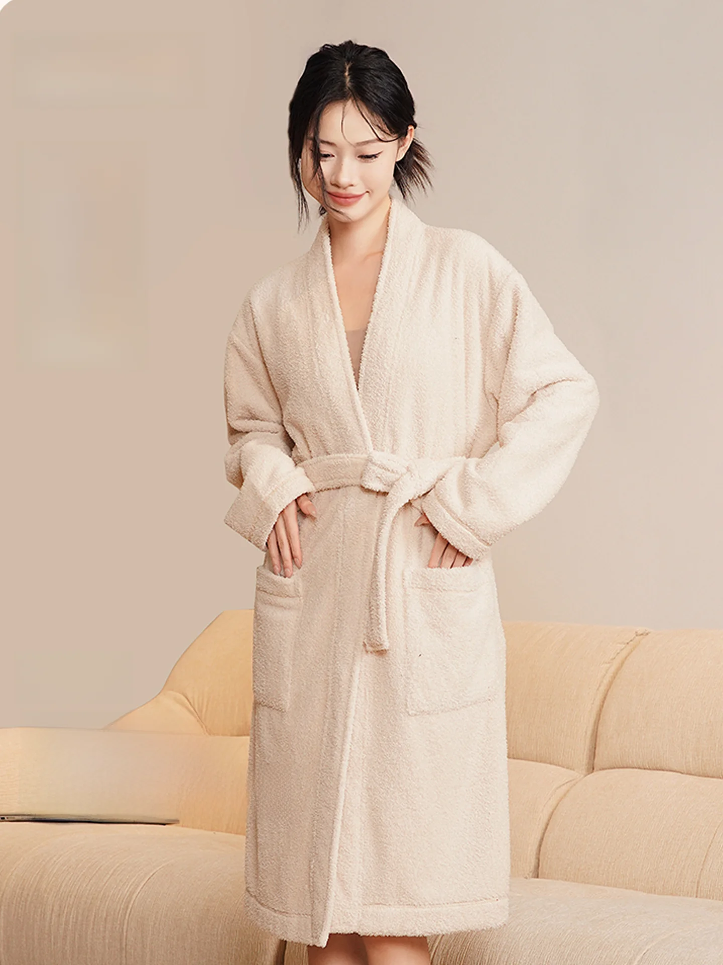 Thickened Half-Fleece Sleep Robe Women's Winter Warm Sleepwear Home Clothes Medium-Length Bath Robe V-Neck Long Sleeve Open C...