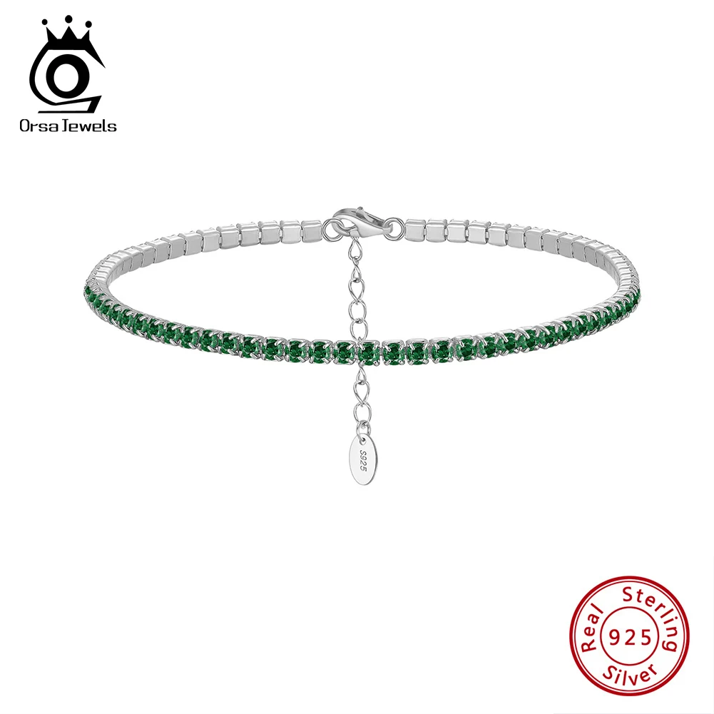 

ORSA JEWELS Luxury 925 Sterling Silver Green 4A CZ Tennis Bracelet for Women Adjustable 2mm Zircon Tennis Bracelet Jewelry SB191