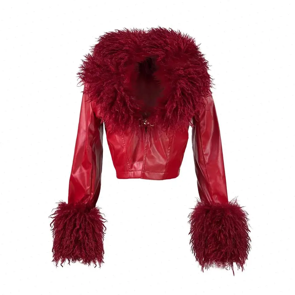 Short Length Women Coats Faux Leather Jackets V Neck Fur Tight Waist Full Sleeve Pu Coat Y2k Streetwear Splice 2026 Spring
