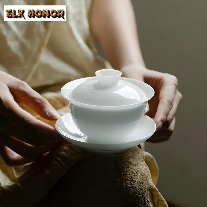 

Handmade Ice Seed Jade Porcelain Gaiwan Vintage Tea Tureen Tea Bowl with Lid Kit Tea Maker Cover Bowl Tea Services Ornaments