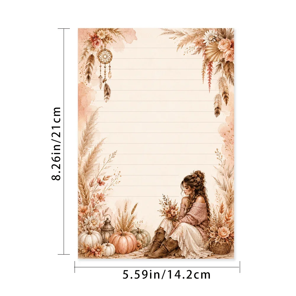 50 Sheets,Bohemian Autumn Girl -themed Writing Paper, Lined, Glue-free, Perfect For Notebooks, Memos, And Stickers