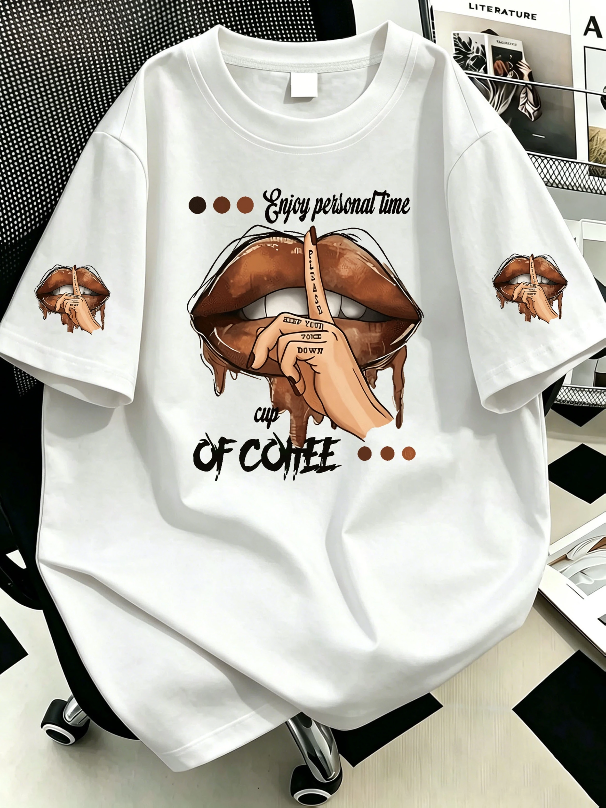 2026 Women's Casual Short Sleeve Tee White Artistic Dripping Lips And Hand Graphic On Chest And Sleeve Crew Neck Daily Top Kids