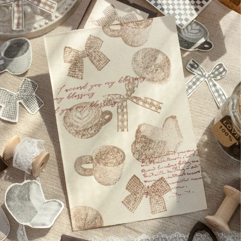 Cute Bow Tie Coffee Daily Things Wooden Stamp Scrapbooking Wood Seal Check Dots Pattern for Junk Journal Background Decoration