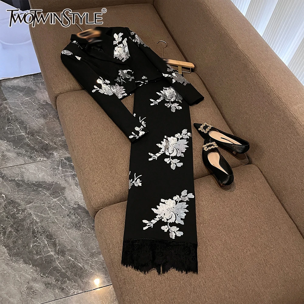 

TWOTWINSTYLE Solid Elegant Print Two Piece Sets For Women Lapel Long Sleeve Top High Waist Pants Chic Set Female New KSE545679