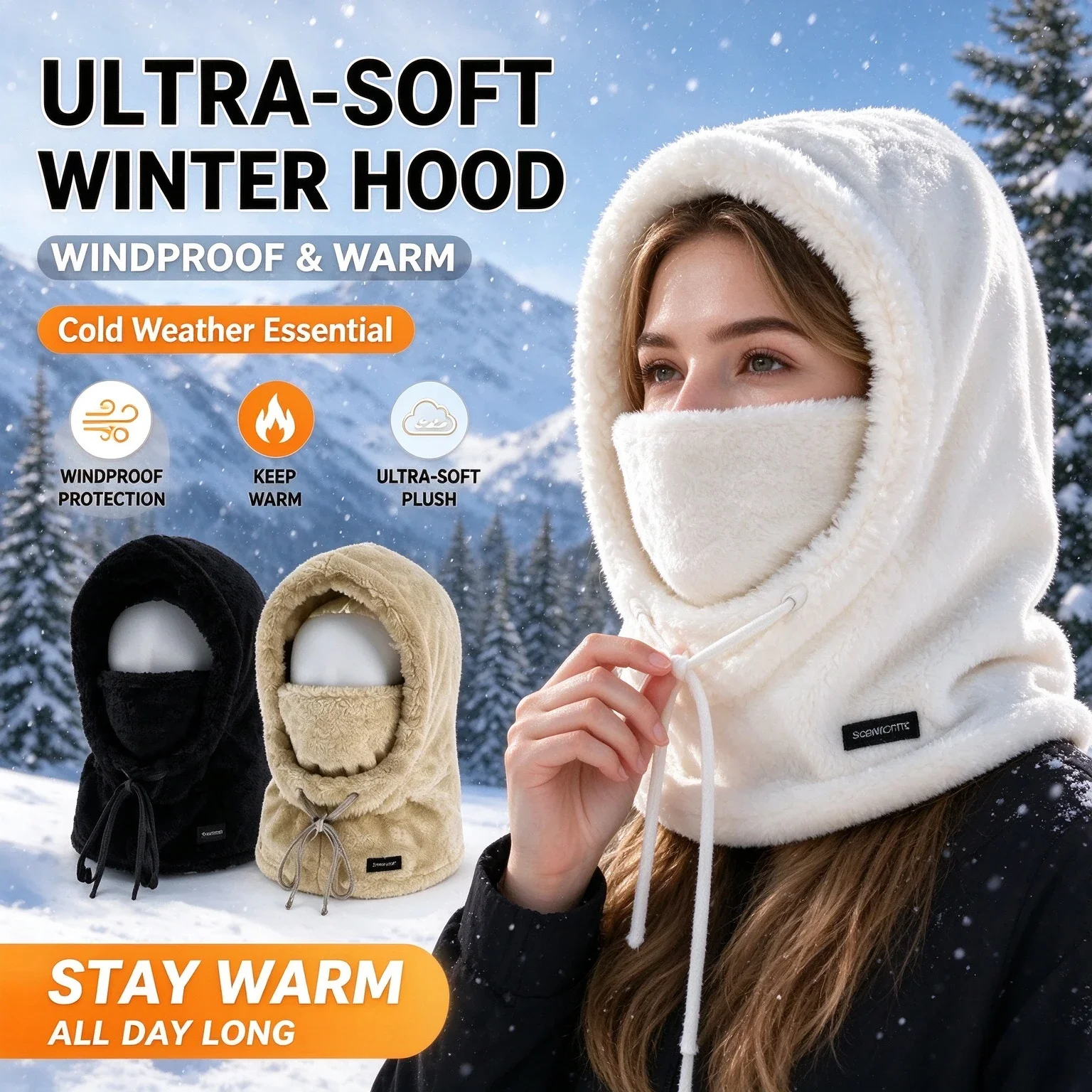 Women's Ultra Soft Winter Balaclava Skiing Cycling Windproof Hood with Integrated Fashionable Ear Warmer Scarf