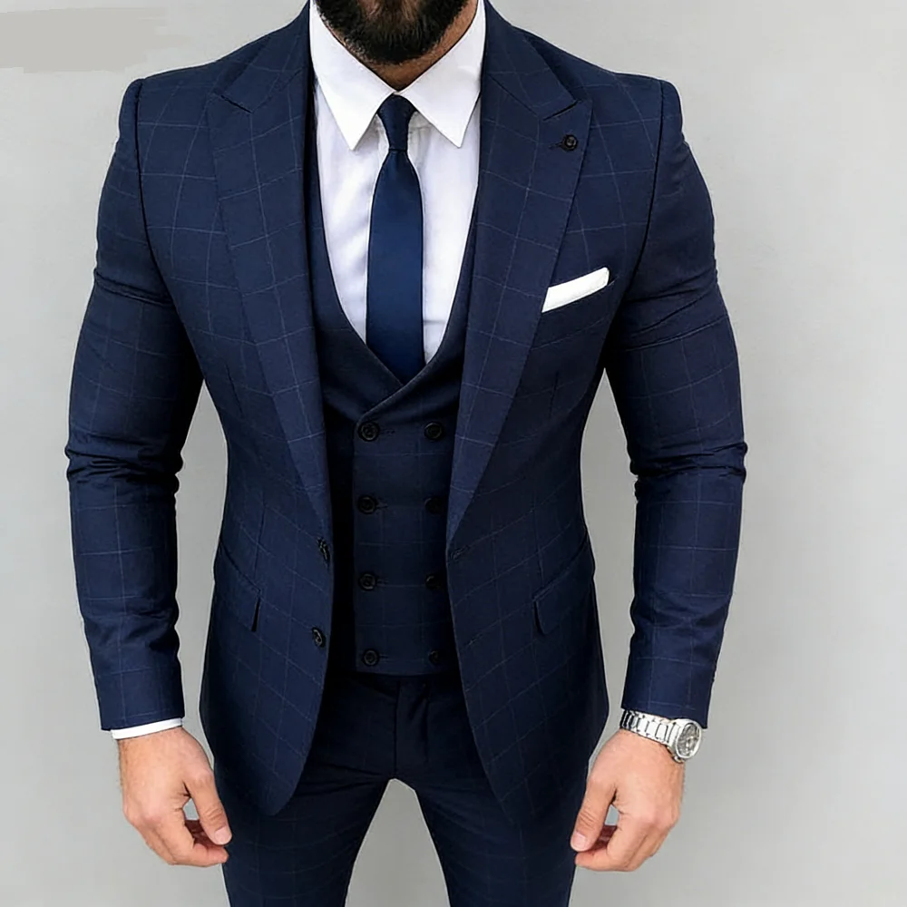 3PCS Men's Tuxedo Suits Set with Peak Lapel Blazer Double Breasted Vest And Pants for Wedding And Business Casual Occasions