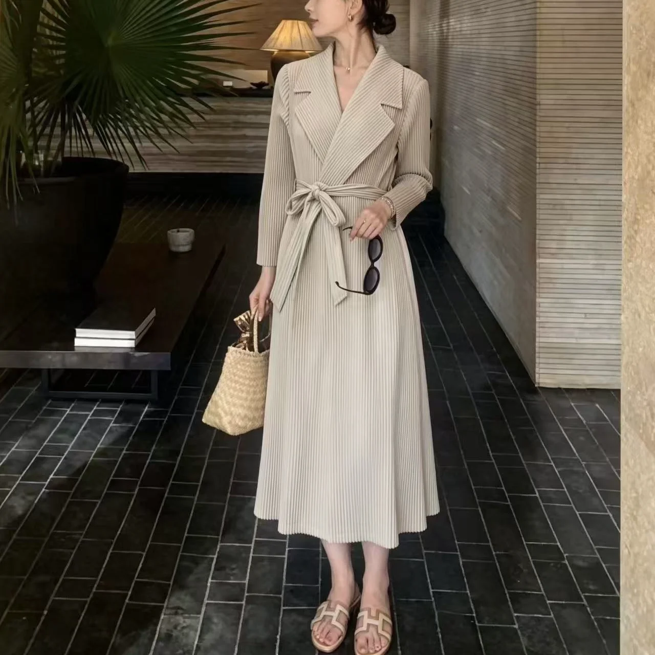 YUDX Miyake Pleated Belted Trench Coat Women Solid Long Sleeve Lapel Duster 2026 Spring Autumn Fluid Wrap Poised Charm