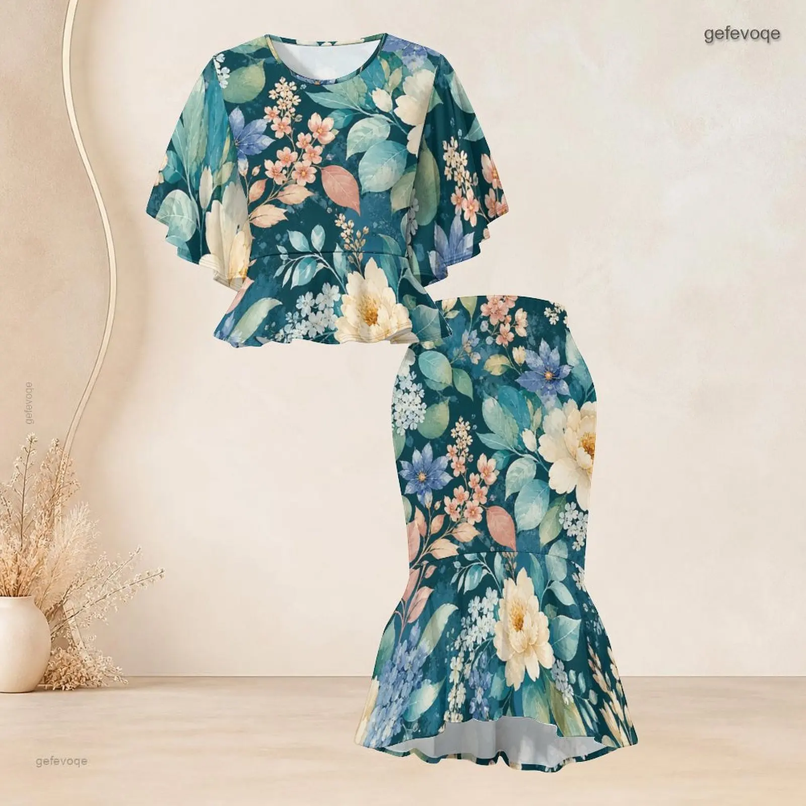 Batwing Sleeve Ruffle Hem Top Fishtail Skirt Two Piece Printed Skirt Set for Women