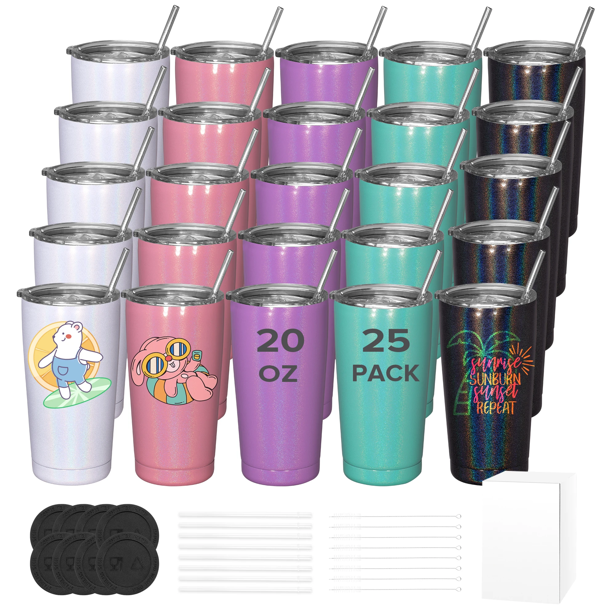 25 Pack 20oz Travel Arc Tumbler - Glitter Rainbow Finish, Vacuum Insulated Water Bottle,Ideal for Sublimation Customization