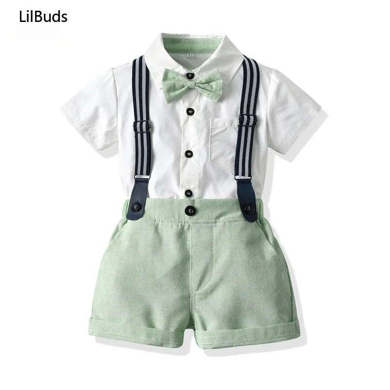 

2024Children Short Sleeve Shirt Tops+suspender Shorts Casual Outfits Little Boys Clothing Summer Baby Kids Gentleman Clothes Set