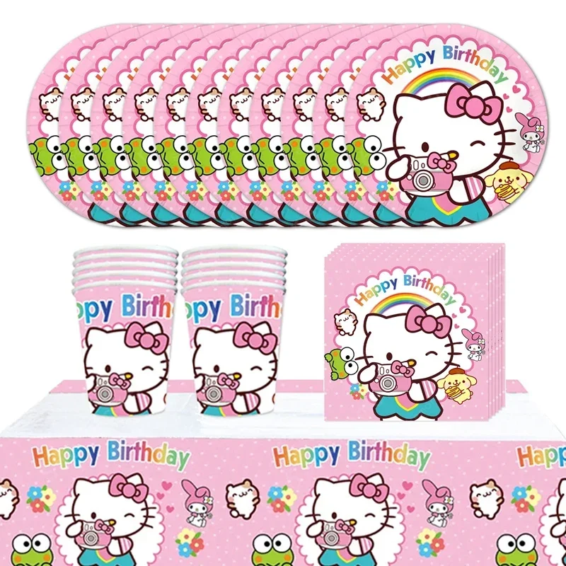 Hello Kitty Birthday Party Decorations Set Kids Girl Cartoon Disposable Tableware Cup Plate Straw Baby Shower Supplies