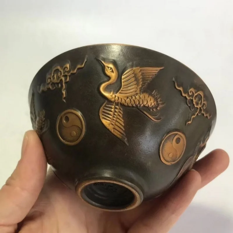 

Antique Bronze Collection Yellow Copper Gilt Retro Tai Chi Crane Bowl Supplies Copper Bowl Eight Trigrams Bowl Ornament
