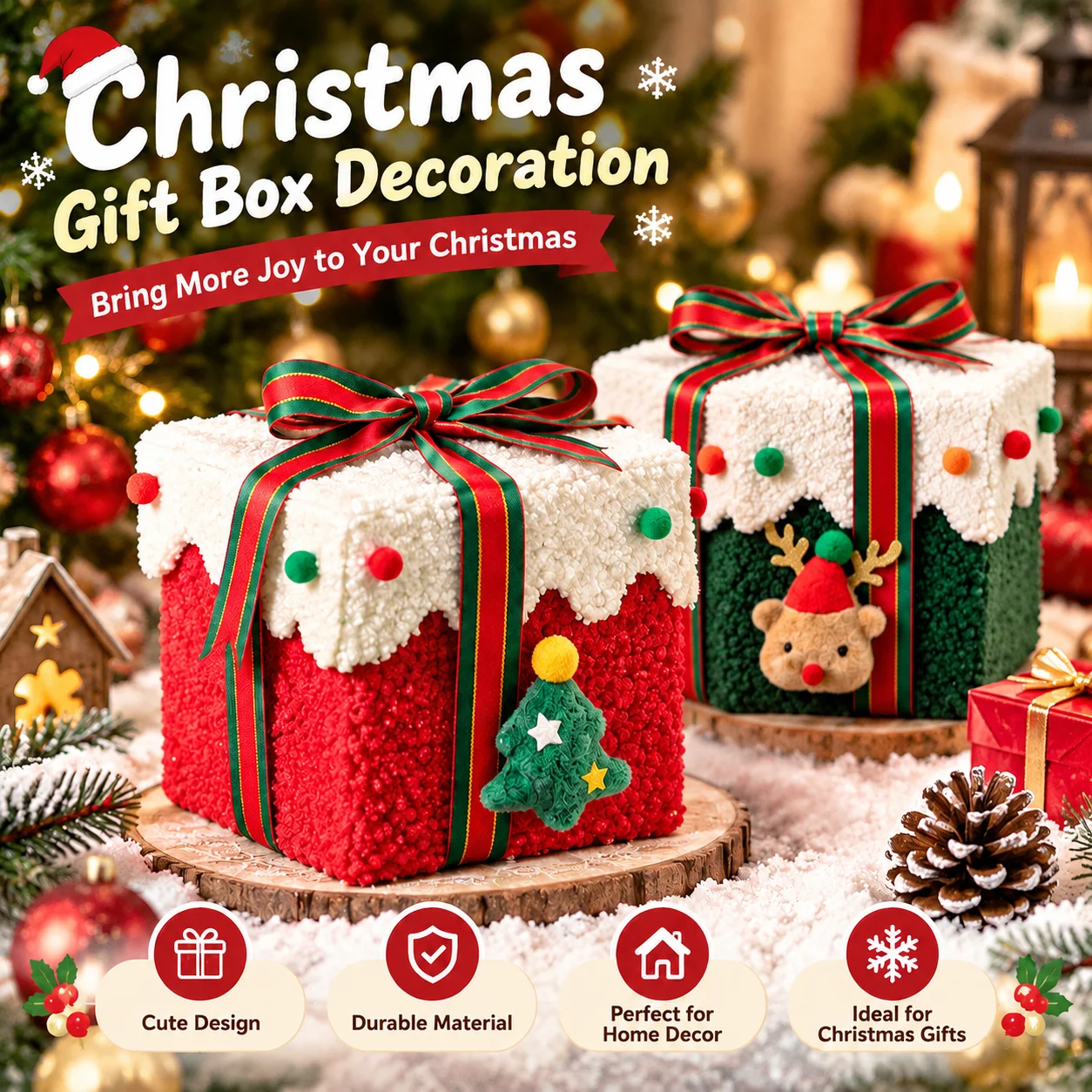 Christmas Flannel Gift Box DIY Xmas Eve Apple Packaging Box With Ribbon Ornament Candy Present Box For Holiday Gift Decor