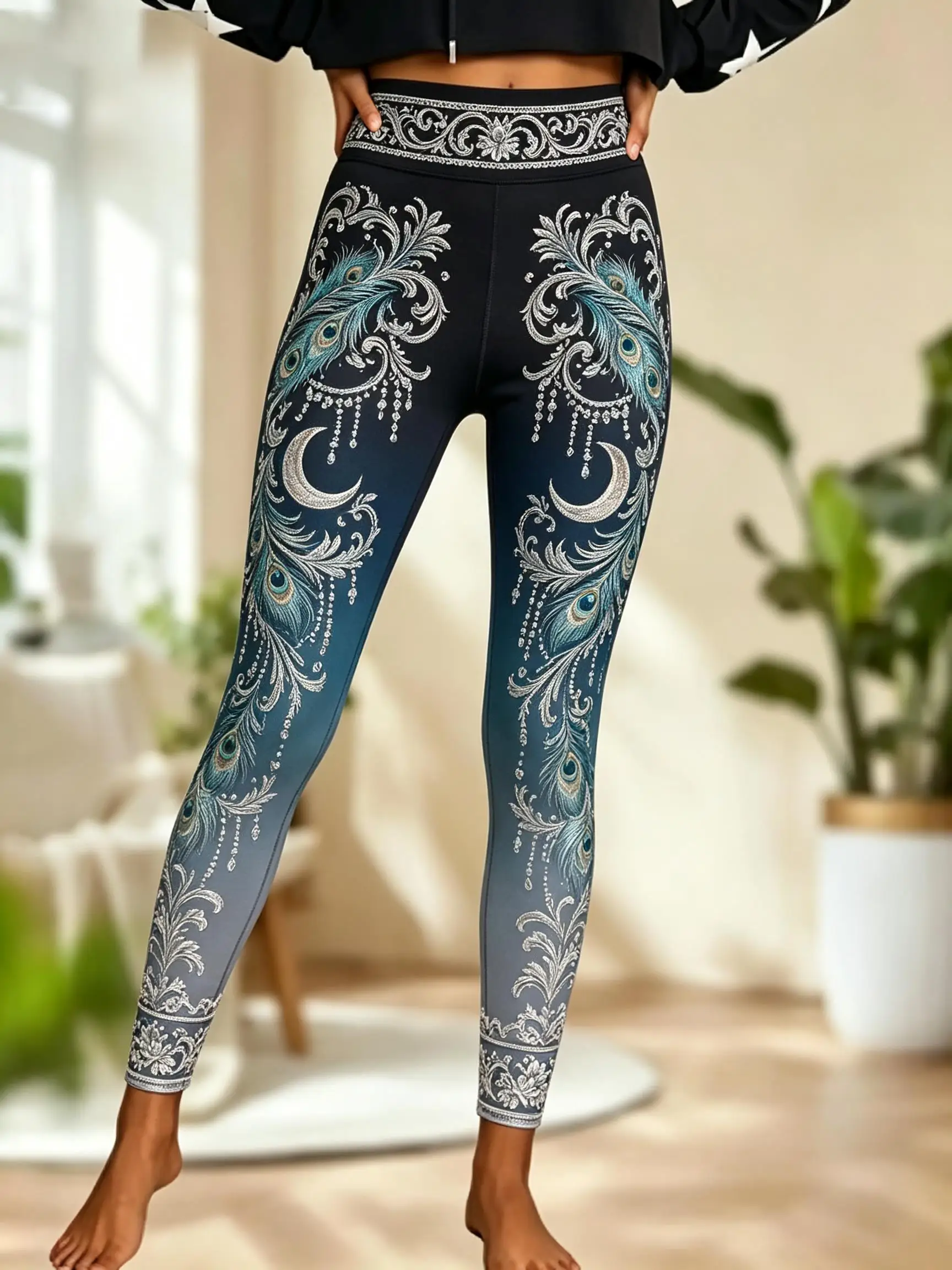 Women Fleece‑lined Mid‑rise Leggings Ombre Gradient Peacock Feather Crescent Moon Floral Ornate Border Print Slim Stretch  Pants - view 5