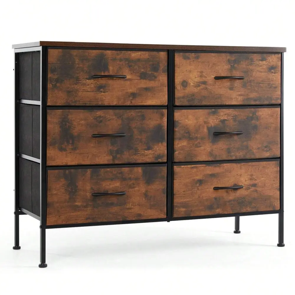 

6 Drawers Dresser For Bedroom, Small Chest Tower, Storage Organizer Units For Clothing, Closet, Fabric Bins, Wood Top, Steel Fr
