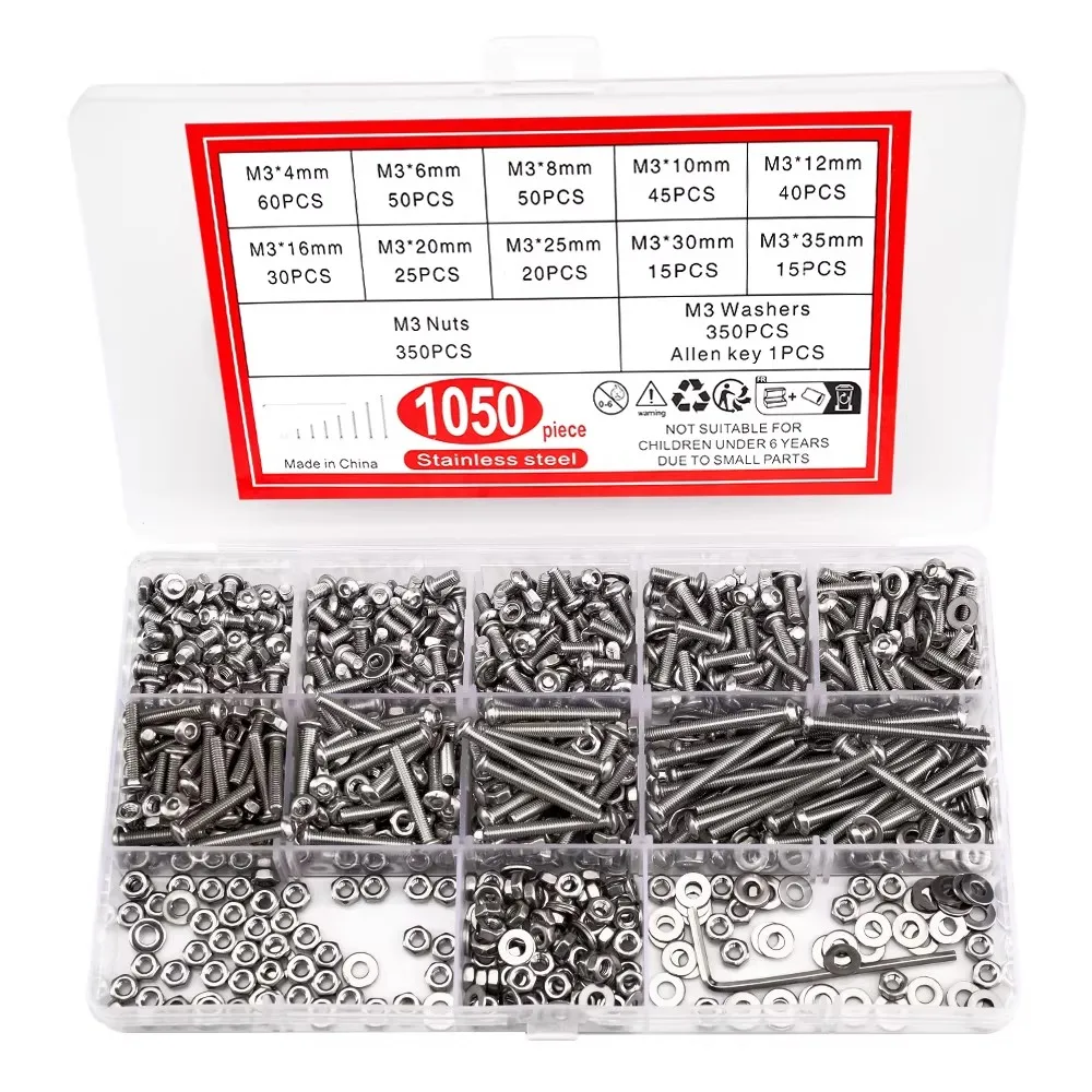 1050PCS M3 Stainless Steel Hex Socket Head Cap Screws Nuts Washers Kit Allen Key Assortment Box