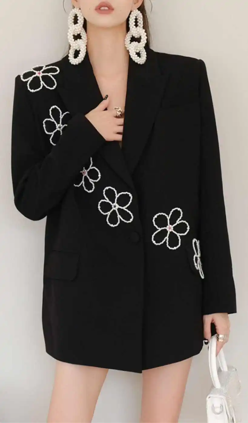 Glamorous Flowers Women Suits Long Sleeve 2 Pieces Set Applique Notched Lapel Jacket Wide Legs Pants Custom Made Formal Dresses